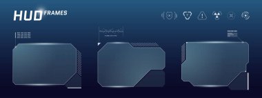 Holografik menüsü, video paneli ve arayüz pencereleri olan modern bilim kurgu paneli. Mavi tonlarda Siber Punk HUD sanal oyuncu UI ögeleri ile uzay arkaplanını örtüyor.