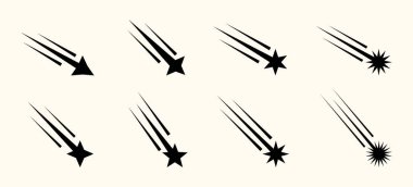 Y2K tarzında tuhaf kayan yıldızlar ve kuyruklu yıldız siluetleri. Galaksi temaları, festival davetiyeleri veya fantezi vektör koleksiyonları için parlak izler ve dekoratif simgeler.