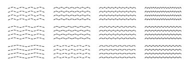 Dalgalanma, oynatma ve sinüs dalga çizgileriyle kıvrımlı zigzag vektörü ayarlandı. Oluklu ve kıvrımlı şekiller oyuncu grafik kenarlı sanatsal ayırıcılar ya da arkaplanlar oluşturur.