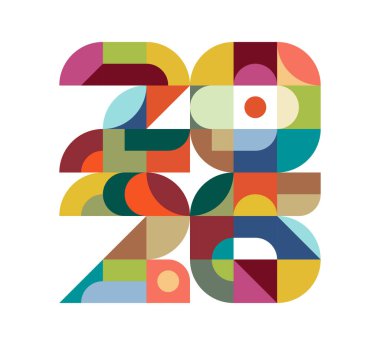 Renkli 2026 Bauhaus tarzında Mutlu Yıllar takvimi tasarımı. Kalın geometrik şekiller ve soyut mozaik desenler modern festival posteri, tebrik kartı veya mevsimsel afiş oluşturur.