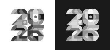 Modern Bauhaus 2026 takvim kapağı koyu siyah beyaz geometri ile. Mozaik desenli soyut minimalist kompozisyon. Tatil posteri, olay afişi veya grafik çizimi için ideal..