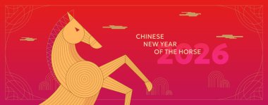 Çin atı 2026 illüstrasyon. Kırmızı arka plan, altın fenerler ve soyut geometrik sanat. Şenlikli yeni yıl kartı, zarif takvim kapağı ya da modern zodyak kutlama düzeni.