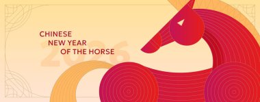 At zodyak 2026 soyut tasarım. Kırmızı ve altın renkli arka plan, şenlikli fenerler, siluetler ve kültürel semboller. Yeni yıl için yatay kart, afiş veya dekoratif poster.