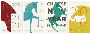 Çin atı 2026 festival illüstrasyon seti. Dekoratif desenleri, sembolleri ve mevsimsel motifleri olan renkli geometrik soyut arka plan. Kartpostallar, posterler ya da yeni yıl kartları için mükemmel..