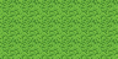 Minecraft grass pixel horizontal banner. Green block ground with dirt seamless 8bit texture. Fun retro gamer backdrop for poster or wallpaper. Modern vector abstract illustration style.