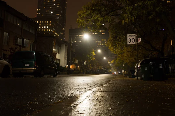 Autumn night street after rain - cars, houses, night lights illumination. Toronto, Ontario, Canada
