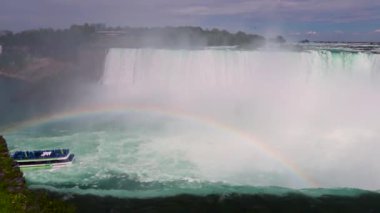 Niagara Şelalesinin Kıyısı - bir turist gemisi tekne turu. Turistler Horseshoe Şelalesi 'ne yakın bir tekneyle seyahat ediyorlar..