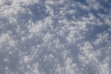 Doğal ve taze kar dokusu kışın arka planında. Makro bokeh.