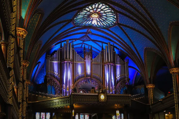 Montreal Notre Dame Bazilikası, Katolik kilisesinin içinde - boru organı, antik dekorasyon, Gotik stil, vitray pencereler, sütunlar, simgelerle sunak. 