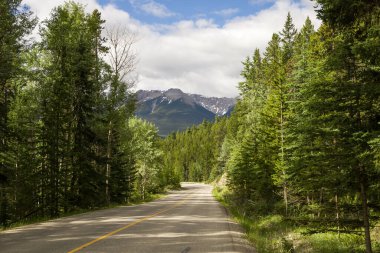 Mountain road. Travel background. Highway in mountains. Transportation. Landscape with rocks, sunny sky with clouds and beautiful asphalt road in the evening in summer. Banff, Alberta, Canada