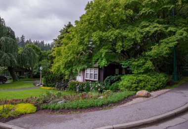 A cozy little wooden house with a beautiful garden around. Summer, blooming flowers, natural background