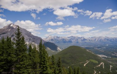 Dağ manzarası - kozalaklı orman, bulutlu güzel mavi gökyüzü. Doğada yaz turizmi. Banff, Alberta, Kanada. Rocky Dağları