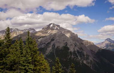 Mountain peaks of the Rocky Mountains in summer. Natural landscape background. Coniferous forest, remnants of snow. blue sky and clouds. Tourist season in Banff, Canada