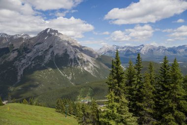  Alpine mountain landscape with snow-capped peaks and coniferous forest in Banff National Park, Alberta, Canada
