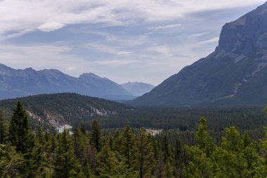 Natural landscape - Bow River Valley, Rocky Mountains, coniferous forest and beautiful sky with clouds. Summer tourism in the mountains