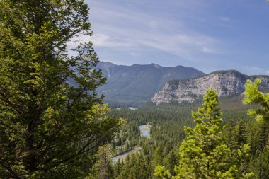 Kanada Kayalık Dağları 'ndaki dağ yolu, Banff Ulusal Parkı. Otoyolun yakınındaki Şelale Dağı