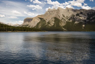 Dağ Gölü manzarası manzarası insanları - orman, manzaralı mavi göl ve ufukta Rocky Dağları. Minnewanka Gölü, Banff il parkı, Alberta, Kanada