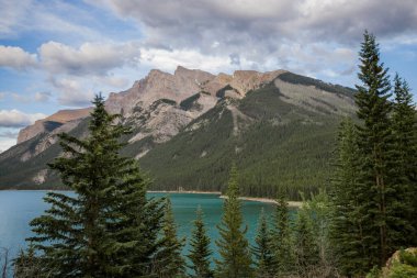 Dağ Gölü manzara panorama insanları - kozalaklı orman - çam ağaçları, manzaralı mavi göl, bulutlu gökyüzü ve ufukta Rocky Dağları. Minnewanka Gölü, Banff il parkı, Alberta, Kanada