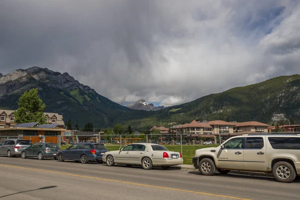 stock image View of the city of Banff, Alberta, Canada. Banff is the capital and largest city of Canada. Parking with cars