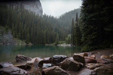 Kanada Rocky Dağları 'nda, Alberta' da, Kanada turizminde çok güzel bir zümrüt yeşili dağ gölü. Yağmurlu bir gün, sis, ağaçların arasından geçen bulutlar. Temiz sakin su, ıslak hava. Ayna Gölü 'nün taşlı kıyıları.