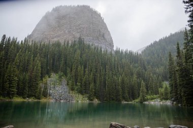 Kanada Rocky Dağları 'nda, Alberta' da, Kanada turizminde çok güzel bir zümrüt yeşili dağ gölü. Yağmurlu bir gün, sis, ağaçların arasından geçen bulutlar. Temiz sakin su, ıslak hava. Ayna Gölü 'nün taşlı kıyıları.