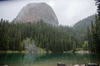 Kanada Rocky Dağları 'nda, Alberta' da, Kanada turizminde çok güzel bir zümrüt yeşili dağ gölü. Yağmurlu bir gün, sis, ağaçların arasından geçen bulutlar. Temiz sakin su, ıslak hava. Ayna Gölü 'nün taşlı kıyıları.