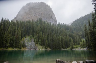 Kanada Rocky Dağları 'nda, Alberta' da, Kanada turizminde çok güzel bir zümrüt yeşili dağ gölü. Yağmurlu bir gün, sis, ağaçların arasından geçen bulutlar. Temiz sakin su, ıslak hava. Ayna Gölü 'nün taşlı kıyıları.