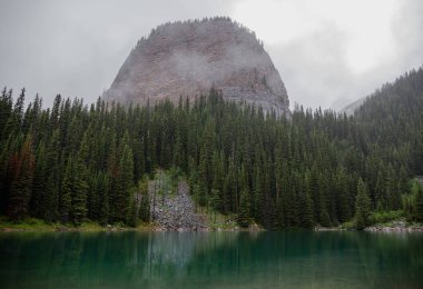 Kanada Rocky Dağları 'nda, Alberta' da, Kanada turizminde çok güzel bir zümrüt yeşili dağ gölü. Yağmurlu bir gün, sis, ağaçların arasından geçen bulutlar. Temiz sakin su, ıslak hava. Ayna Gölü 'nün taşlı kıyıları.