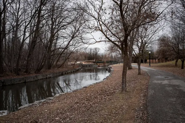 Karanlık tonlarda göllü eski boş bir park. Ürperti, mistik duygular, hayaletler. Kitchener, Ontario, Kanada 'da hayaletli bir yer.