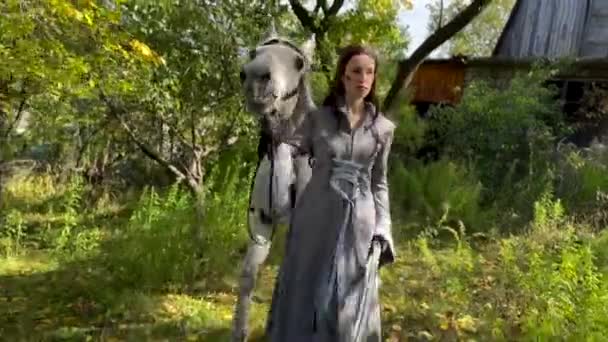 剣を手に歩く古代の戦士をイメージした若い女性は 家や森を背景に白い馬に先導されます — ストック動画