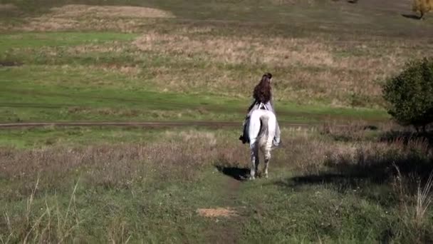 Νεαρή Γυναίκα Κατ Εικόνα Του Αρχαίου Πολεμιστή Ιππεύει Λευκό Άλογο — Αρχείο Βίντεο