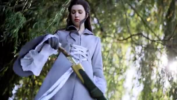 Yaşlı Savaşçının Suretindeki Genç Kadın Ağacın Altında Duruyor Kılıcını Kınından — Stok video