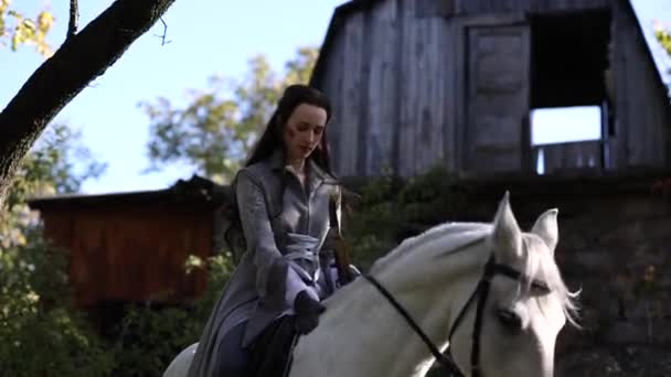 Jovem Mulher Imagem Antigo Cavaleiro Guerreiro Manto Senta Cavalo Branco — Vídeo de Stock
