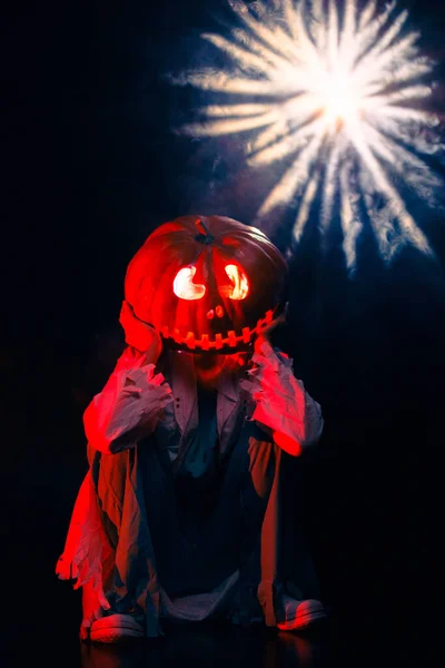 Young Woman Holds Jack Lantern Pumpkin Glowing Eyes Her Head — Stock Photo, Image