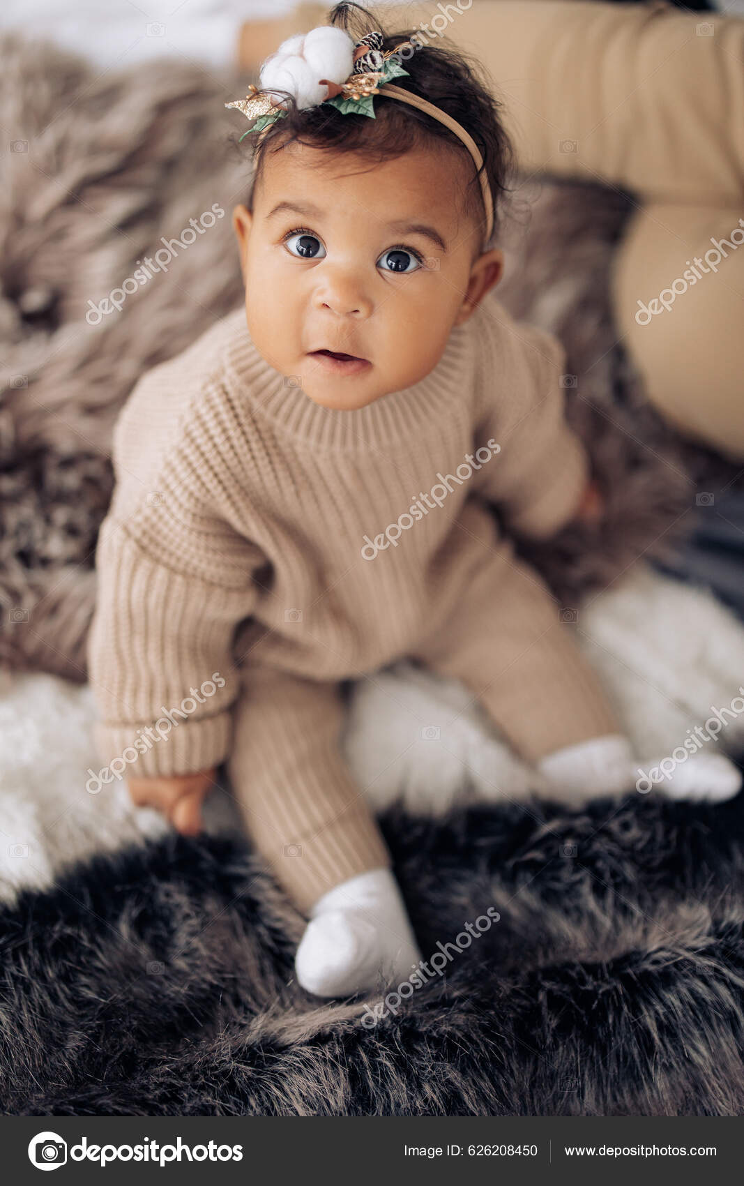 Surprised Mixed Race Baby Girl Sits Bed Wide Eyed Baby Stock Photo by  ©stasia04 626208450
