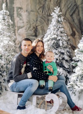 Happy parents with baby son pose on sled in studio among Christmas trees decorated by artificial snow.