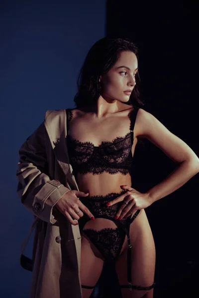 Young Sexy Woman Poses Black Lacy Lingerie Bdsm Style Unbuttoned — стоковое фото