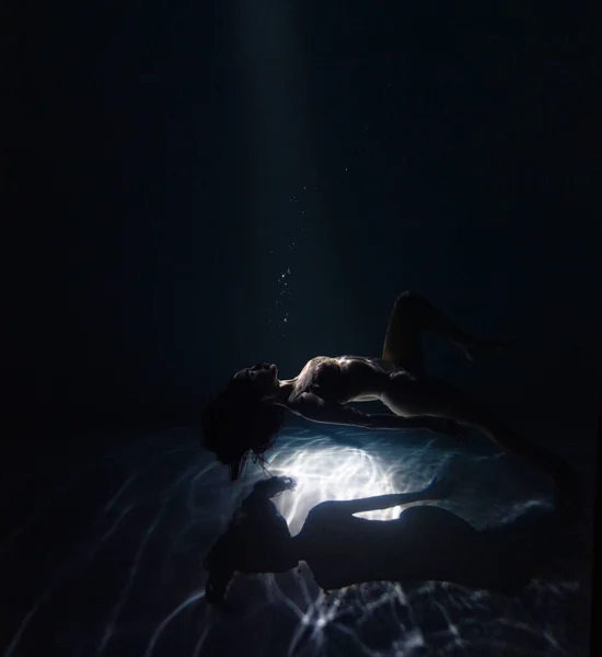 Underwater Shoot Beautiful Woman Swimming Relaxing Water Sunbeams Fantasy Mermaid — Stock Photo, Image