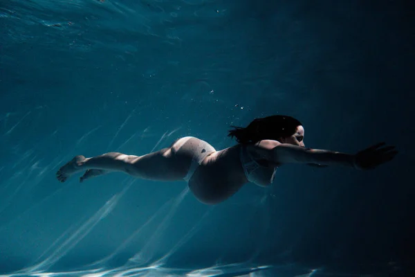 Underwater Shoot Beautiful Pregnant Woman Swimming Water Sunbeams Fantasy Mermaid — Stock Photo, Image
