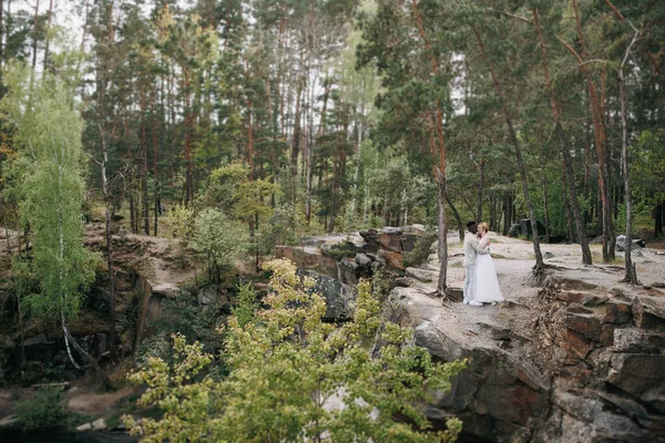 Mutlu Irklar Arası Çiftler Yeni Evliler Kayaların Üzerinde Duruyor Ormanın — Stok fotoğraf
