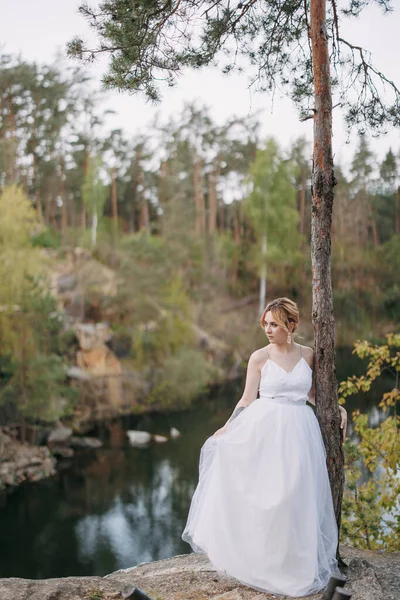 Fiatal Boldog Menyasszony Fehér Ruhában Áll Szikla Közelében Fenyőfa Háttér — Stock Fotó