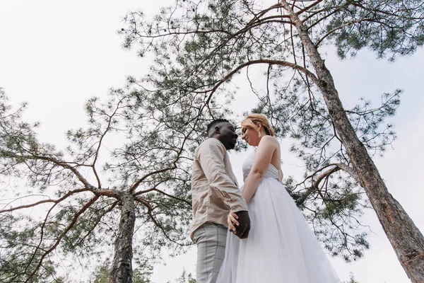 Feliz Pareja Interracial Recién Casados Levanta Sostiene Las Manos Contra — Foto de Stock