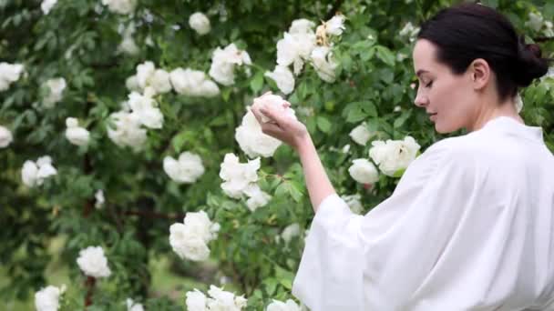 着物姿の若いブルネットの女性が白い氷山を登るの花びらが庭でバラを開花させることで楽しむ — ストック動画