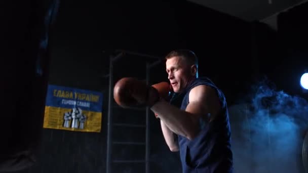 Boxer Hitting Punching Bag Training Gym Background Ukrainian Flag Signatures — Stock Video