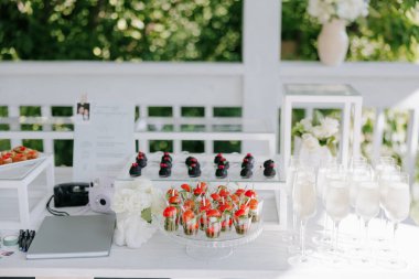 Şarap kadehleri, aperatifler ve kanepelerle düğün sofrası. Büfe masası..