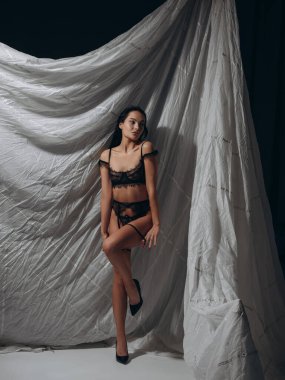 Dantelli siyah iç çamaşırlarıyla poz veren genç, seksi esmer kadın, askı kemeri ve gri arka planda yüksek topuklu ayakkabılar. BDSM biçimi.