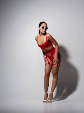 Güneş gözlüklü, dantelli kırmızı iç çamaşırlı, askılı ve topuklu ayakkabılı genç seksi esmer kadın stüdyoda gri arka plan ve kendi gölgesine karşı. BDSM biçimi.