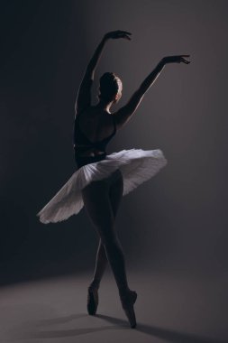Zarif beyaz etekli genç balerin ve koyu arkaplanda dans eden sivri uçlu ayakkabılar. Zarif, küçük balerin karanlıkta gösteri yapıyor. Bale sanatı, zarafet, esneklik, hareket.