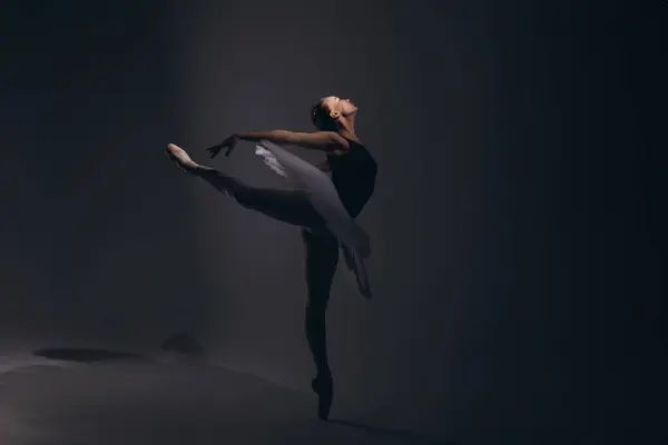 Jonge Ballerina Elegantie Witte Tutu Pointe Schoenen Uitvoeren Van Arabesque Stockfoto