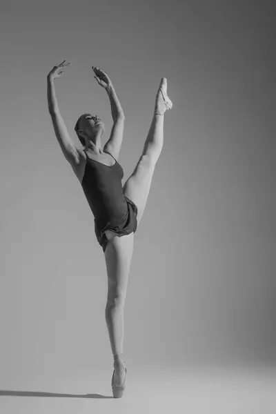 Jonge Ballerina Bodysuit Puntschoenen Dansen Tegen Een Grijze Achtergrond Gracieuze Stockfoto